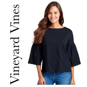 VINEYARD VINES Bell Sleeve Ric Rac Knit Top Jet Black Stretch Cotton Women’s M